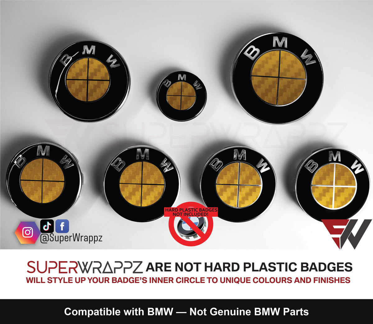 Full Gold Carbon BMW badge overlay by SuperWrappz on E/F Series emblems, aftermarket cast-vinyl set
