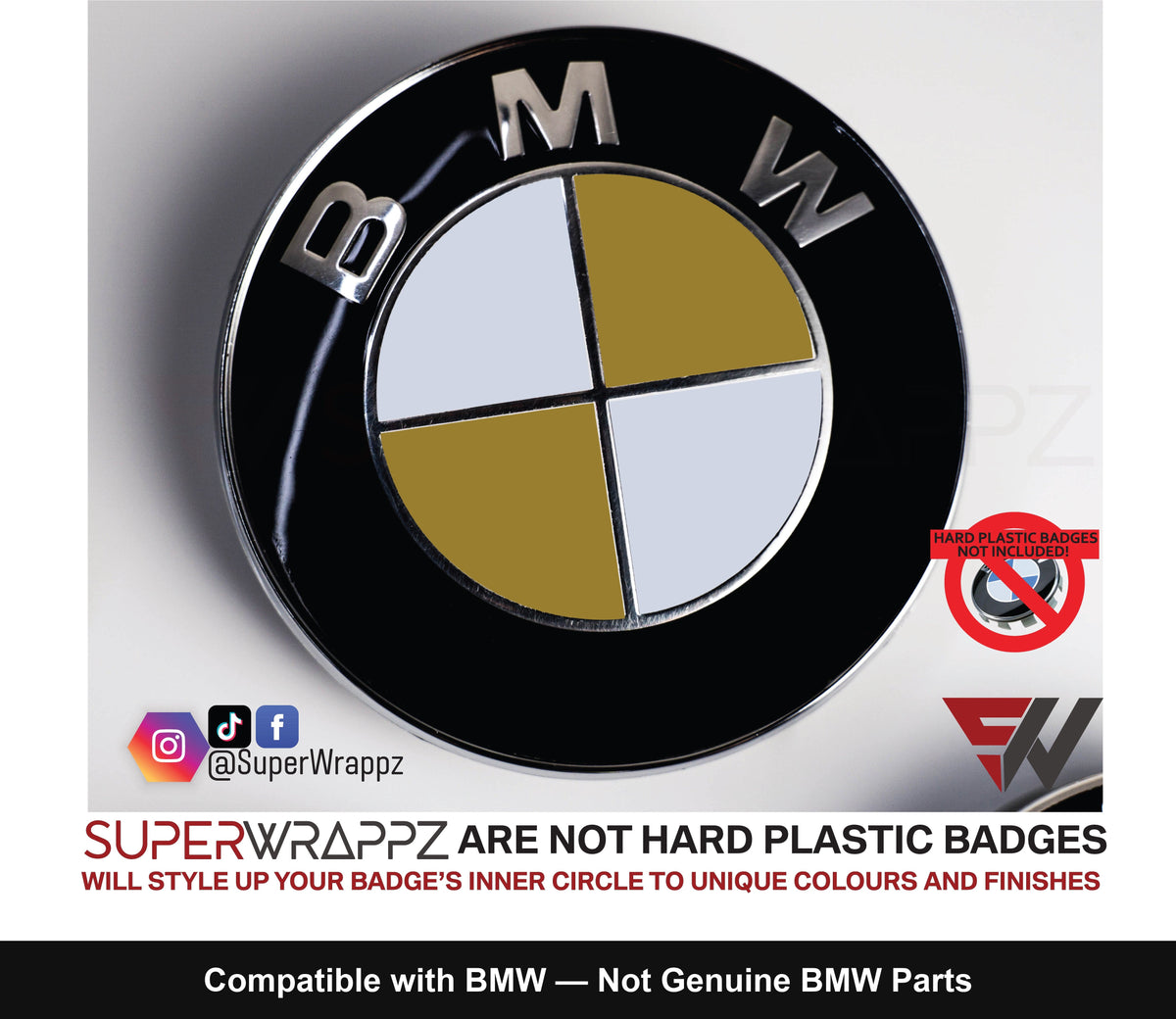 White & Gold Gloss BMW badge overlay, studio photo of a single badge