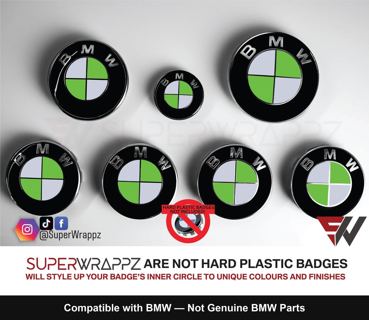 White and Green Gloss BMW badge overlay by SuperWrappz on E/F Series emblems, aftermarket cast-vinyl set
