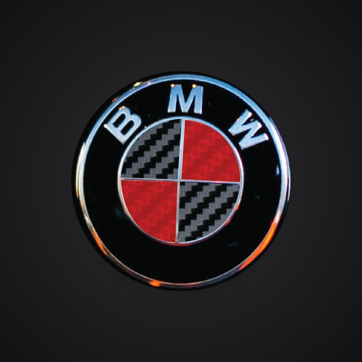 V2 Black Red Carbon BMW badge overlay — SuperWrappz hero. Compatible with BMW — Not Genuine BMW Parts.