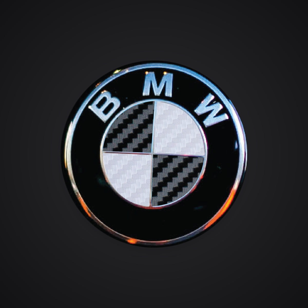 V2 Black White Carbon BMW badge overlay — SuperWrappz hero. Compatible with BMW — Not Genuine BMW Parts.