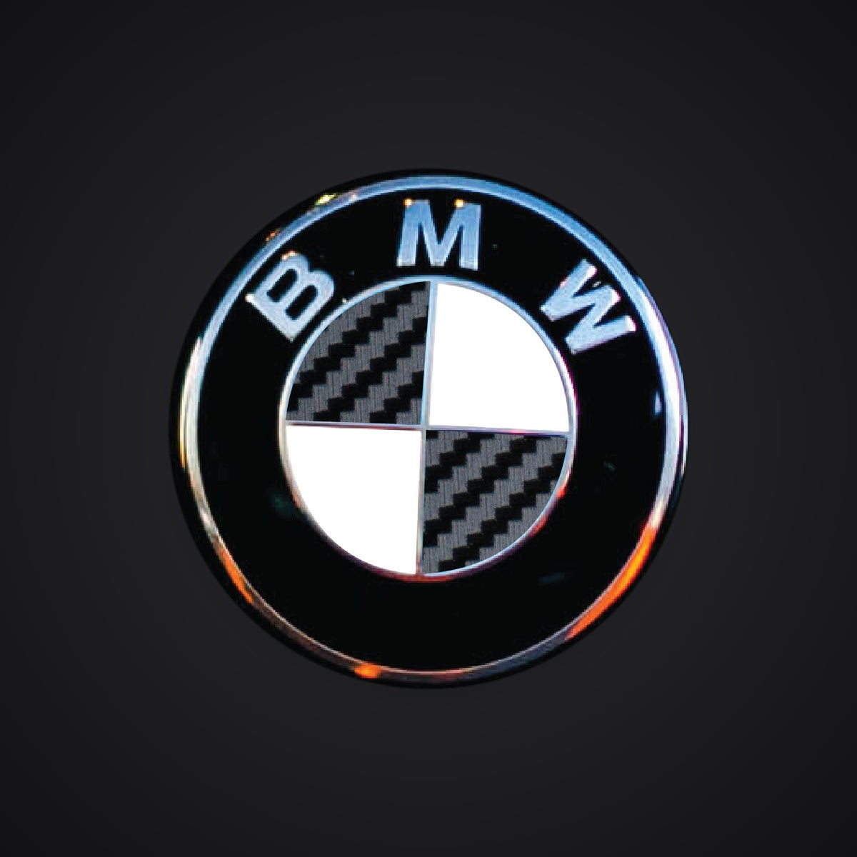 V2 Half Black Carbon BMW badge overlay — SuperWrappz hero. Compatible with BMW — Not Genuine BMW Parts.