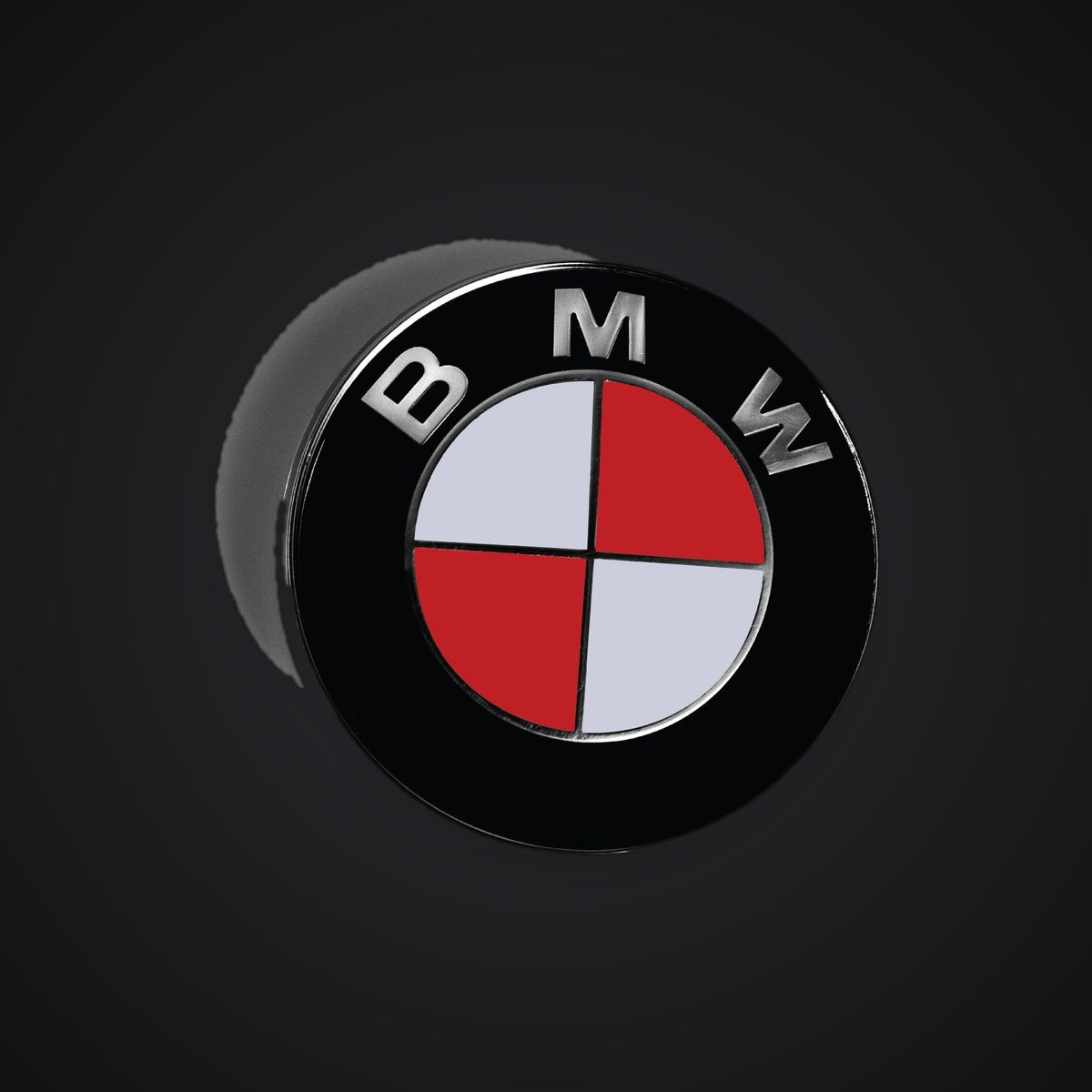 White red gloss BMW badge overlay — SuperWrappz hero. Compatible with BMW — Not Genuine BMW Parts.