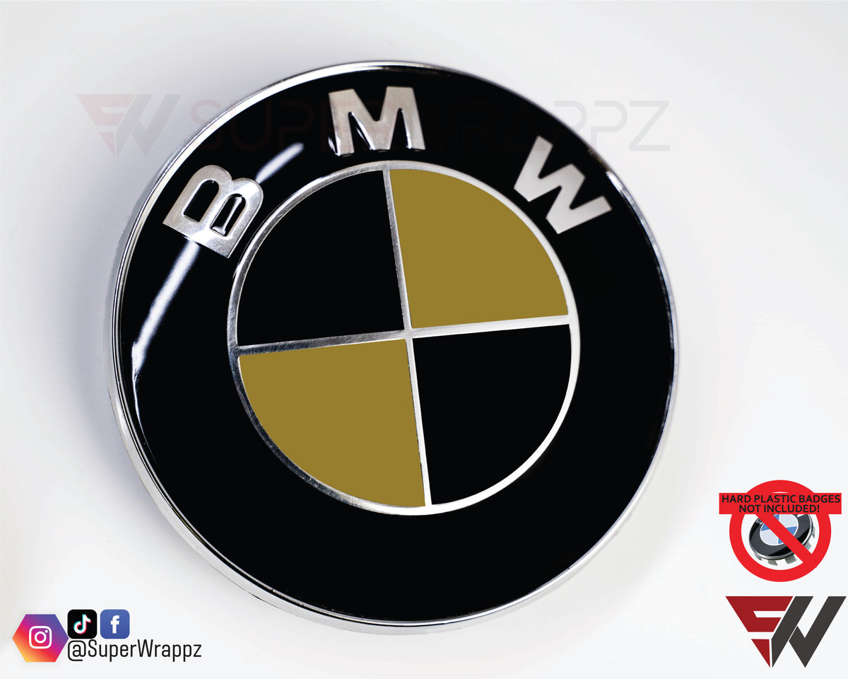 Black & Gold Gloss BMW badge overlay applied to the front hood badge, close-up