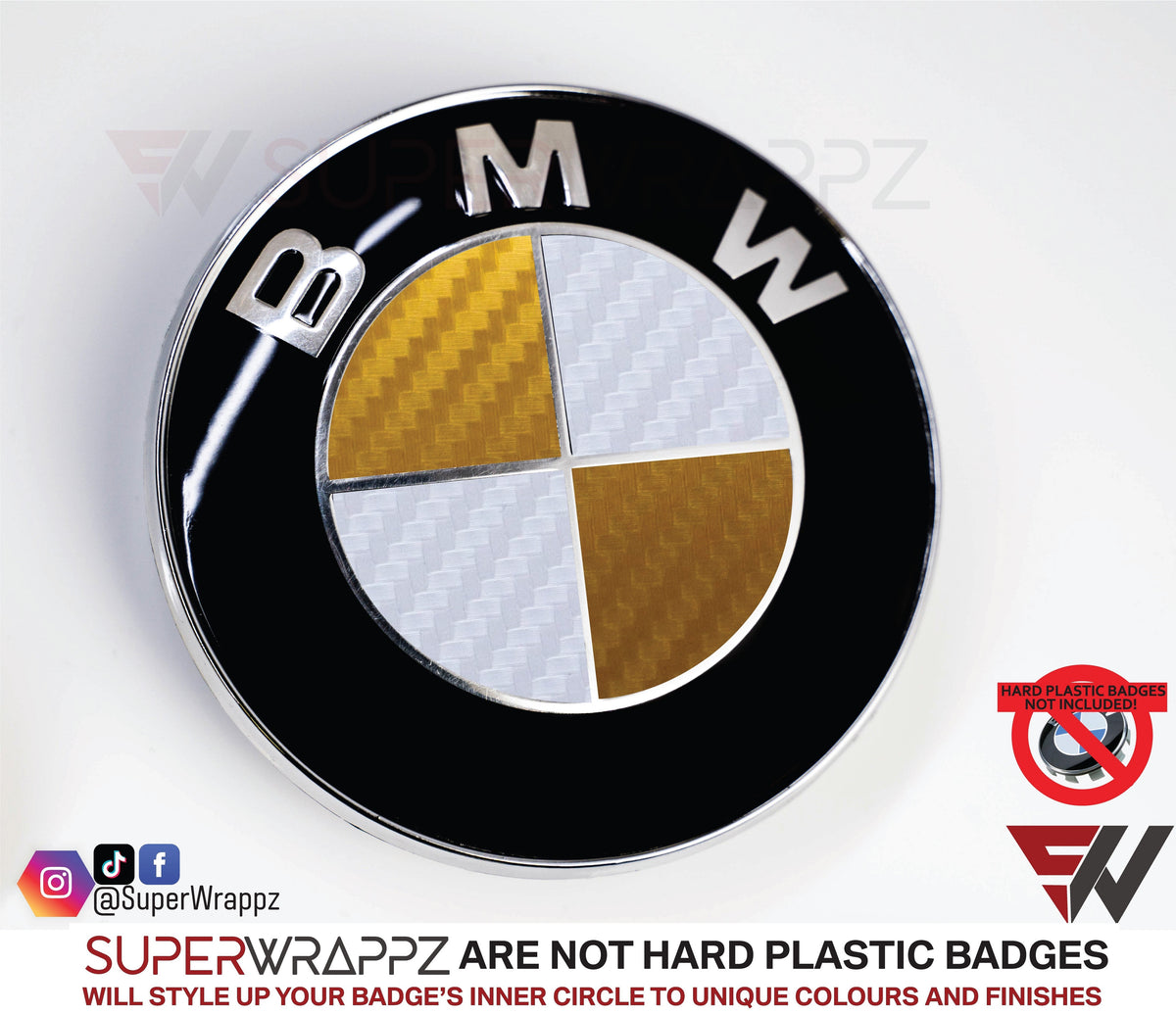 White & Gold Carbon BMW badge overlay, studio photo of a single badge