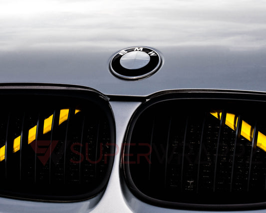 Yellow reflective V-brace and crash-bar vinyl overlay for BMW by SuperWrappz, aftermarket