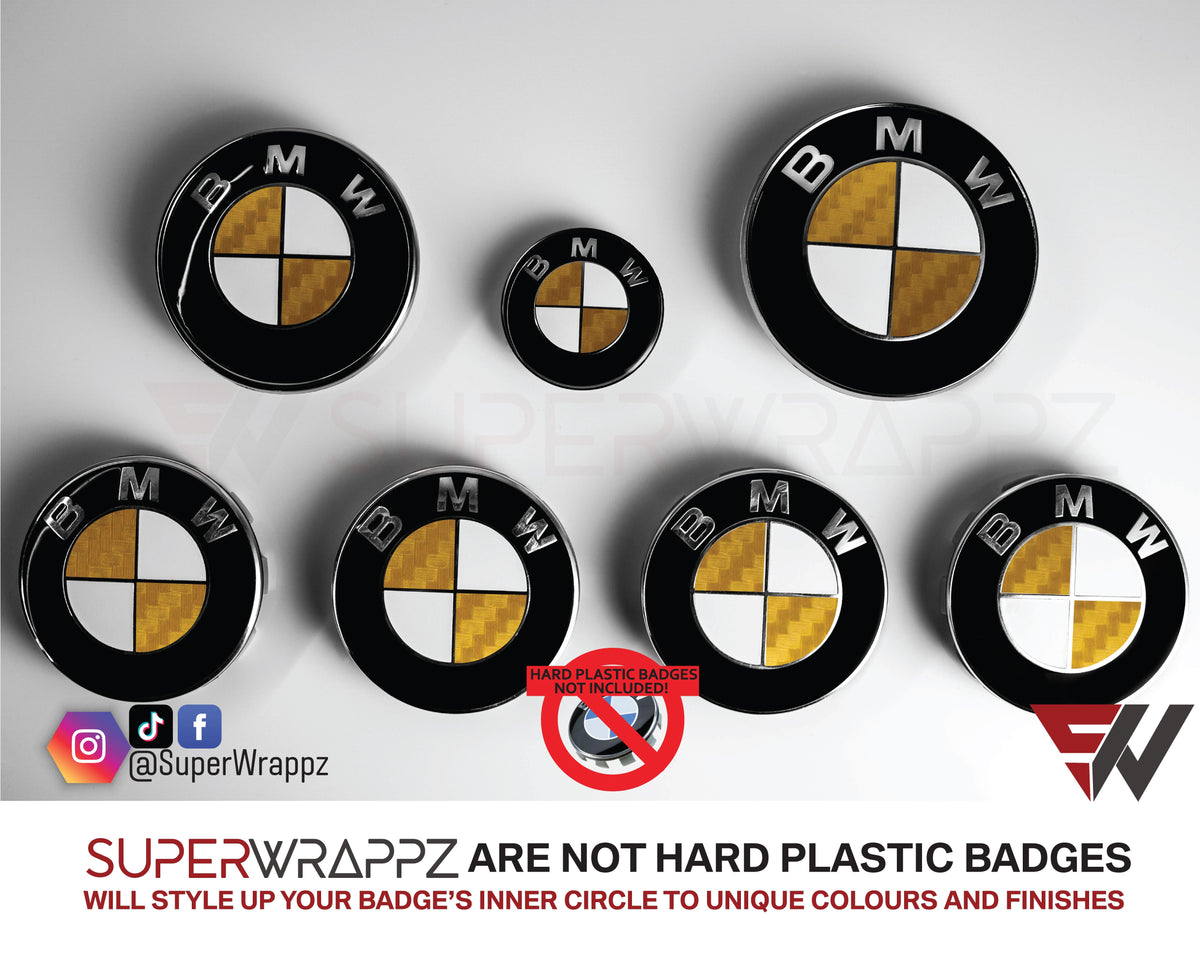 Half Gold Carbon BMW badge overlay by SuperWrappz on E/F Series emblems, aftermarket cast-vinyl set