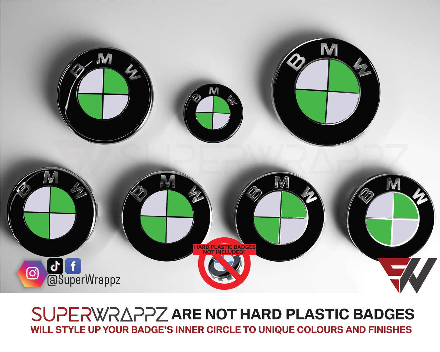 Ireland Flag BMW badge overlay by SuperWrappz on E/F Series emblems, aftermarket cast-vinyl set