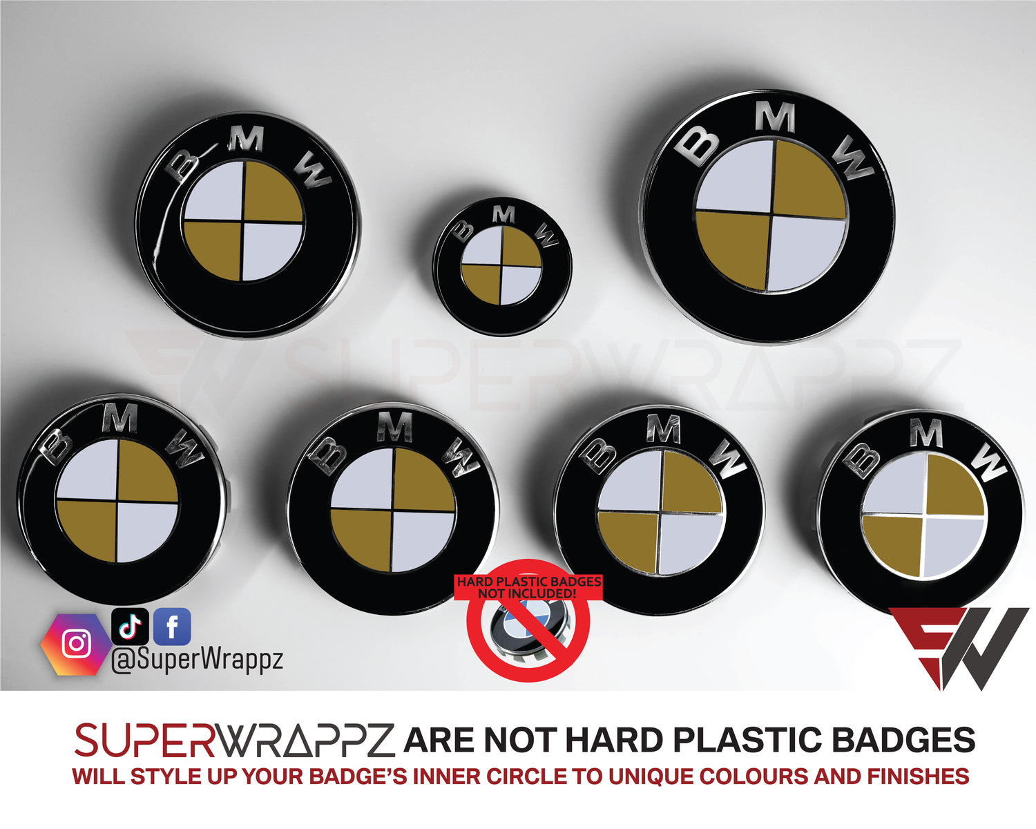 White and Gold Gloss BMW badge overlay by SuperWrappz on E/F Series emblems, aftermarket cast-vinyl set