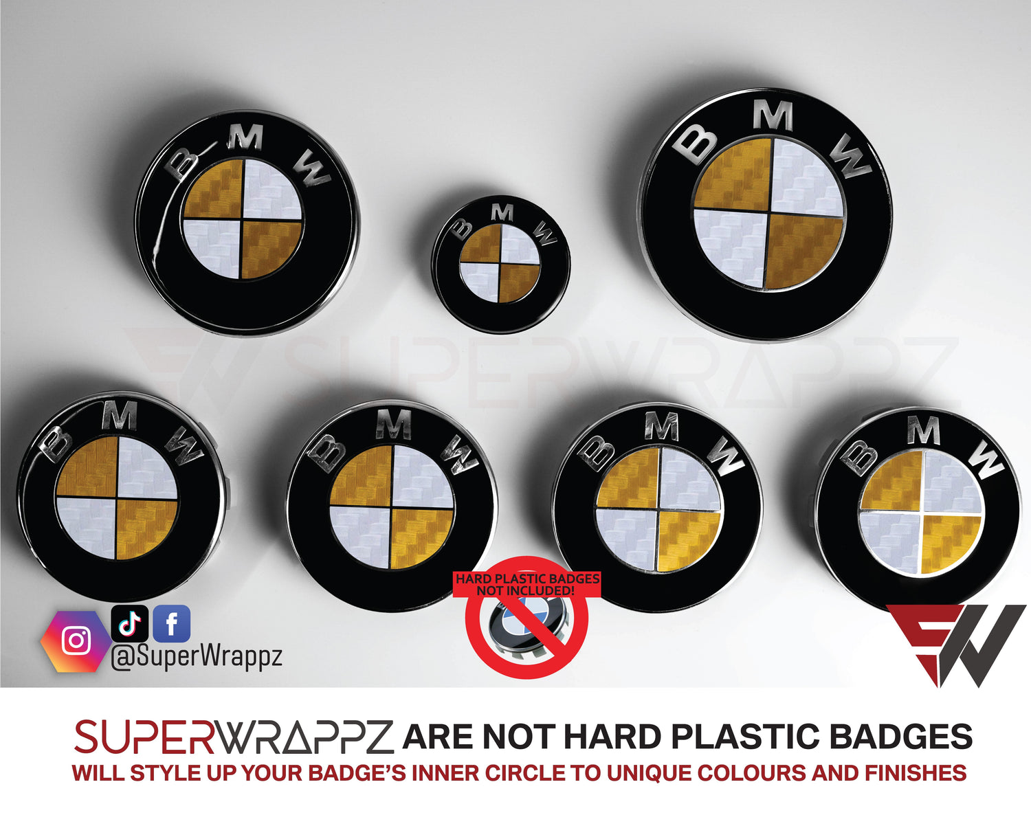 White and Gold Carbon BMW badge overlay by SuperWrappz on E/F Series emblems, aftermarket cast-vinyl set