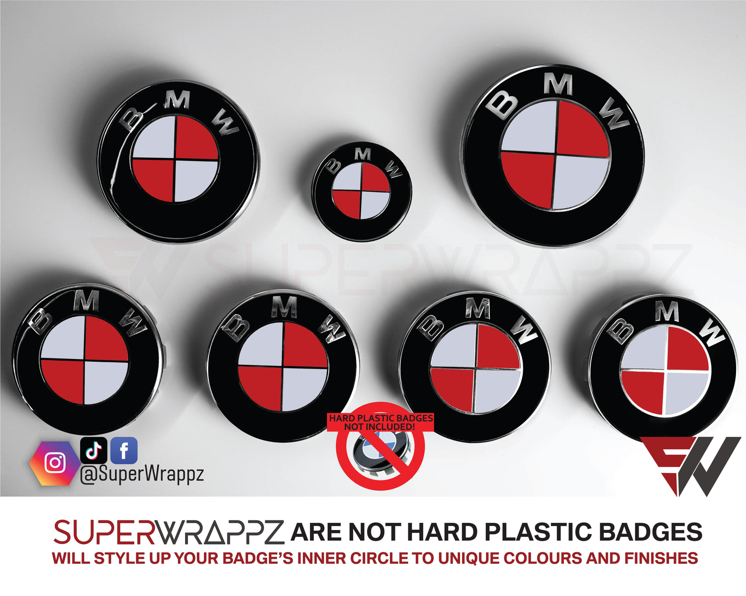 White and Red Gloss BMW badge overlay by SuperWrappz on E/F Series emblems, aftermarket cast-vinyl set