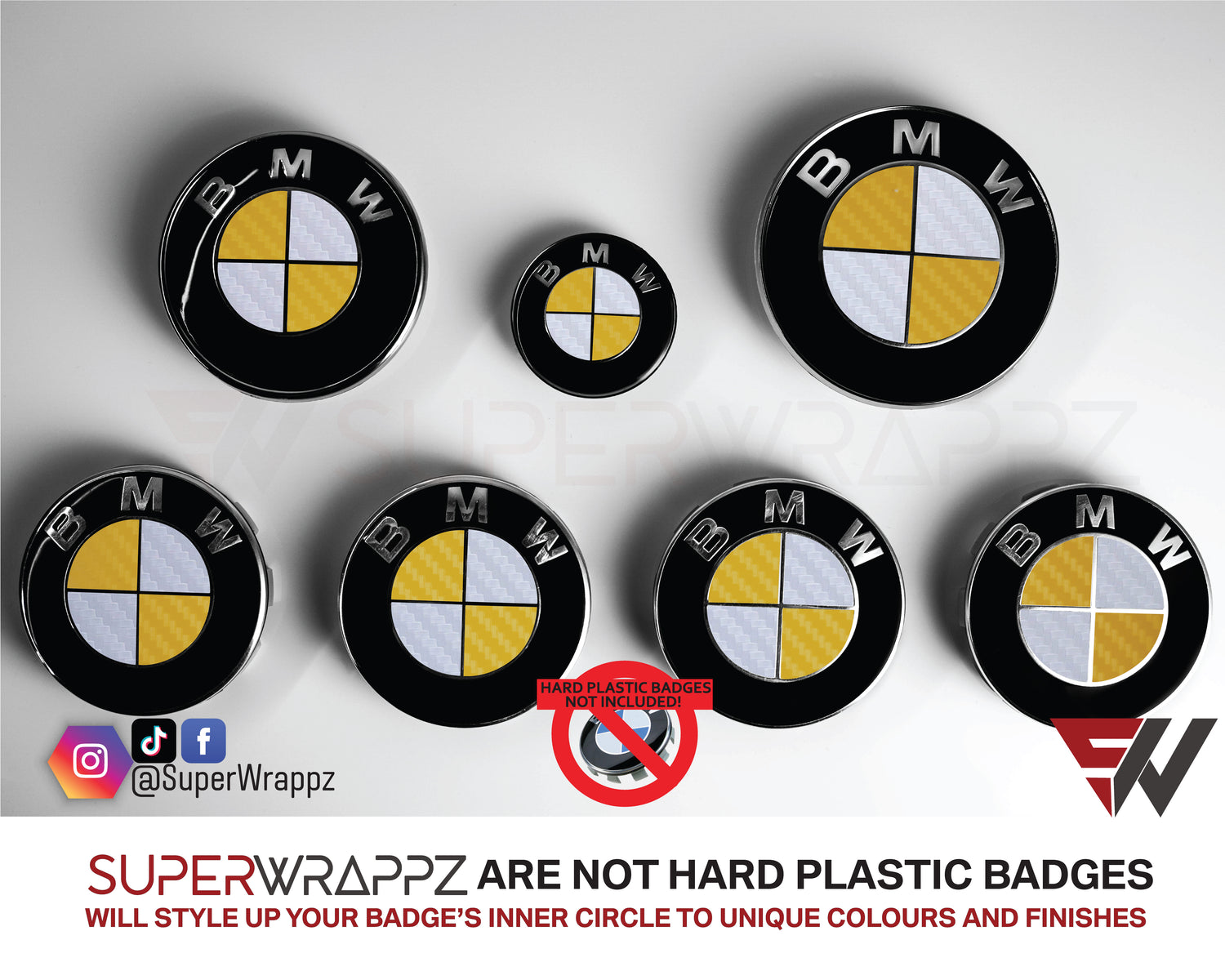 White and Yellow Carbon BMW badge overlay by SuperWrappz on E/F Series emblems, aftermarket cast-vinyl set