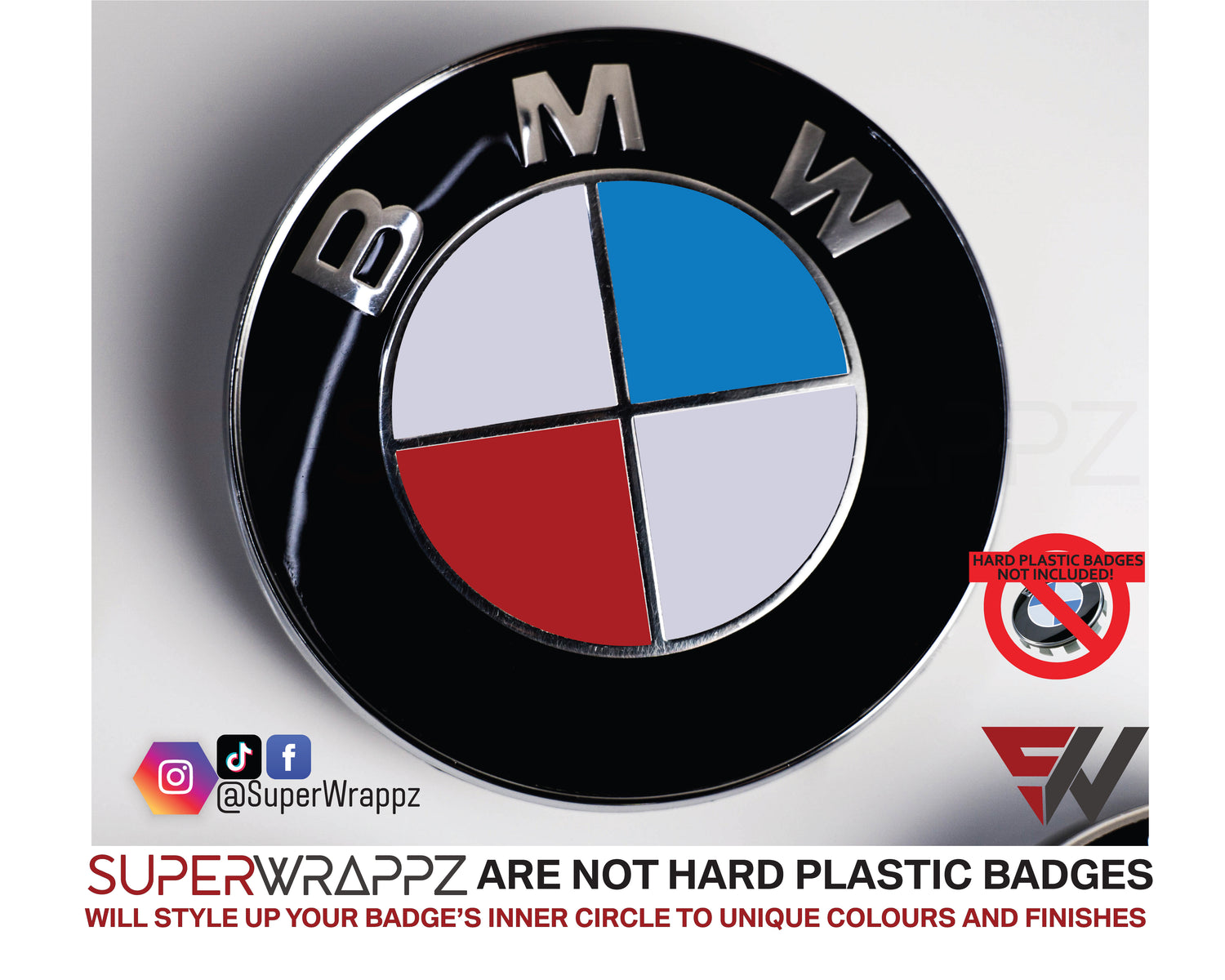 UK, USA & France Flag BMW badge overlay, studio photo of a single badge