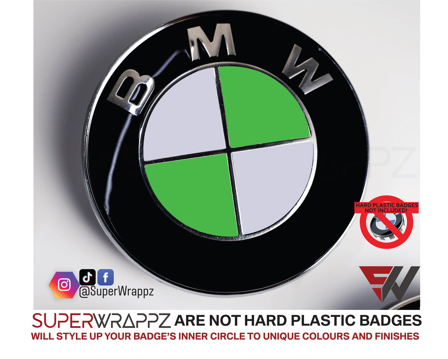 Ireland Flag BMW badge overlay, studio photo of a single badge