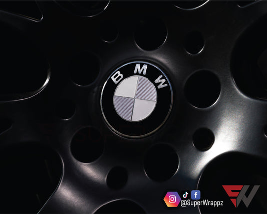 Half Silver Carbon V1 BMW Badge Overlay — Compatible with E/F Series | SuperWrappz
