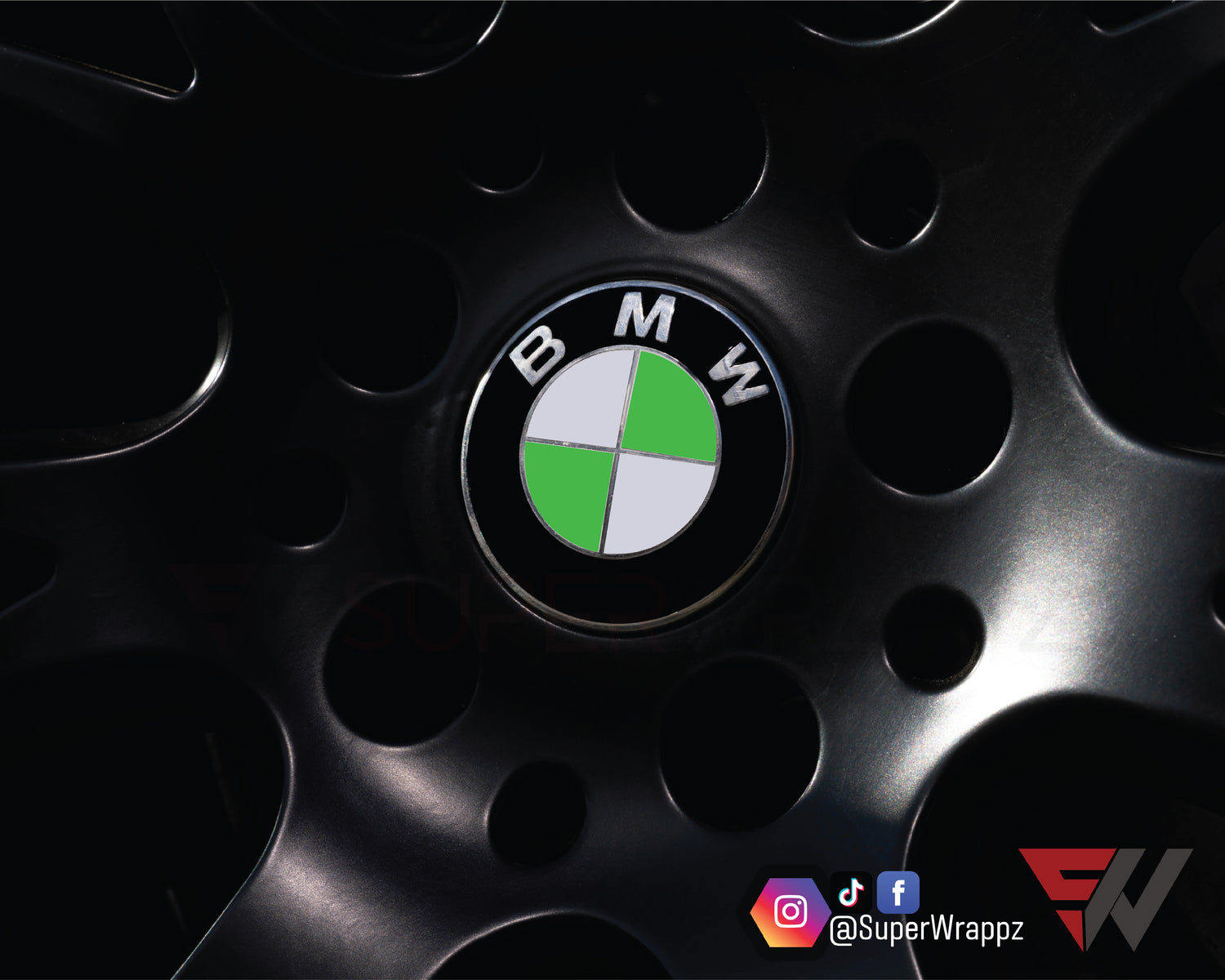 Ireland Flag BMW badge overlay on an alloy wheel centre cap, close-up