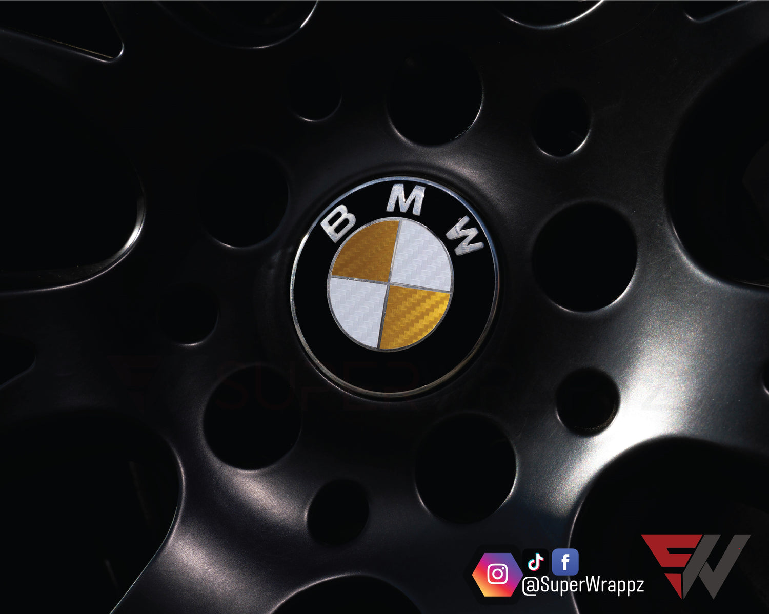 White & Gold Carbon V1 BMW Badge Overlay — Compatible with E/F Series | SuperWrappz