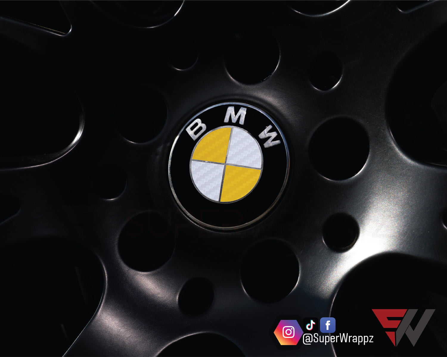 White & Yellow Carbon V1 BMW Badge Overlay — Compatible with E/F Series | SuperWrappz