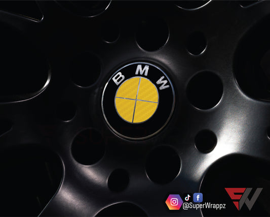 Full Yellow Carbon V1 BMW Badge Overlay — Compatible with E/F Series | SuperWrappz