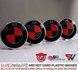 Black & Red Carbon Badge Emblem Overlay FOR BMW Sticker Vinyl 2 Quadrants covered in each colour FITS YOUR BMW'S Hood Trunk Rims Steering Wheel