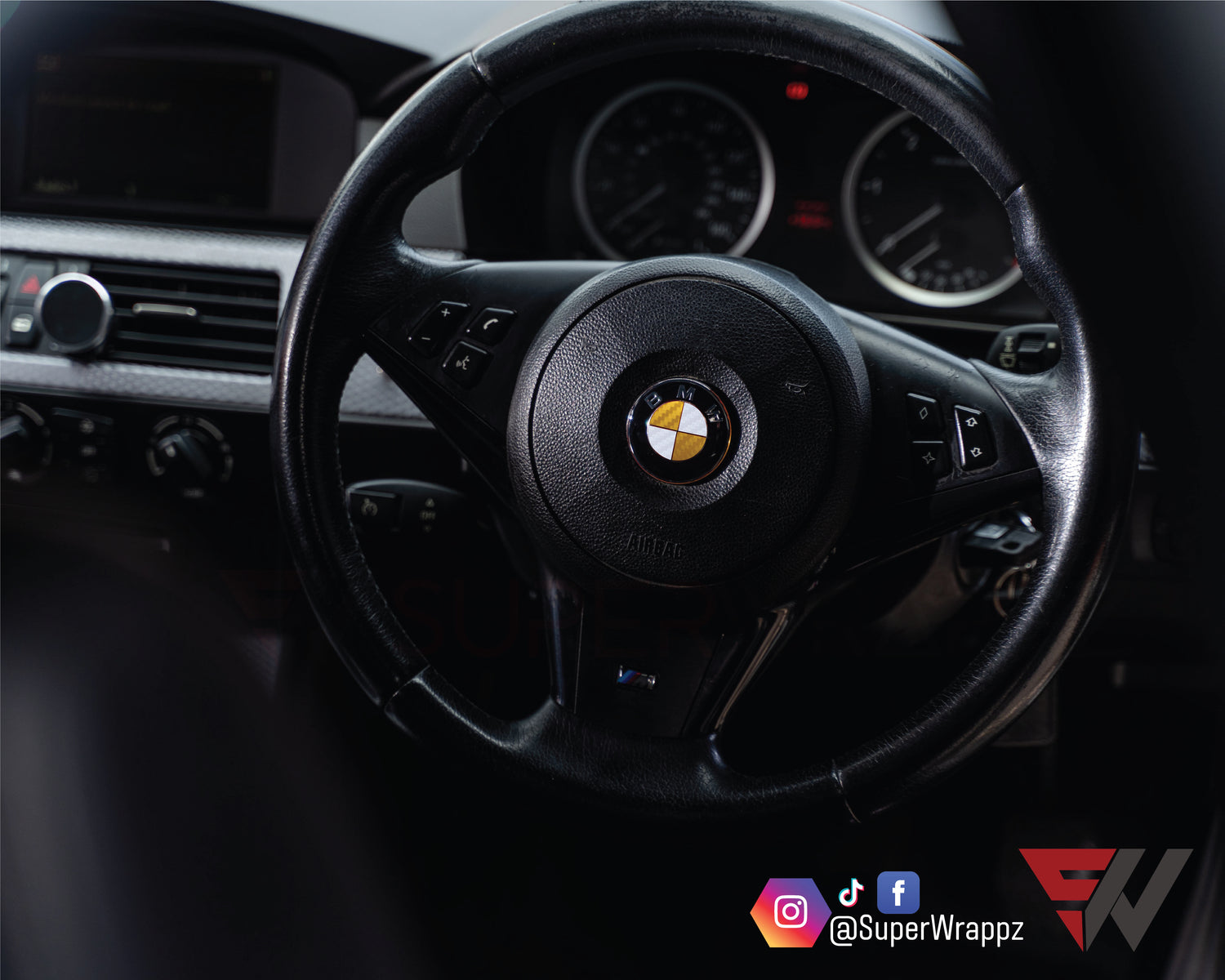 White & Gold Carbon V1 BMW Badge Overlay — Compatible with E/F Series | SuperWrappz