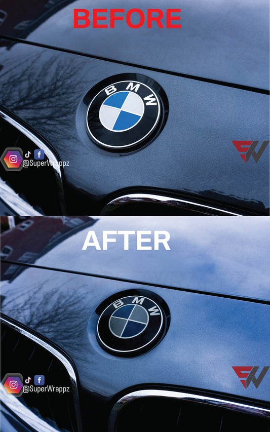 Light Smoke BMW Badge Tint Overlay — 2-Piece | V1 Compatible | E/F Series | SuperWrappz