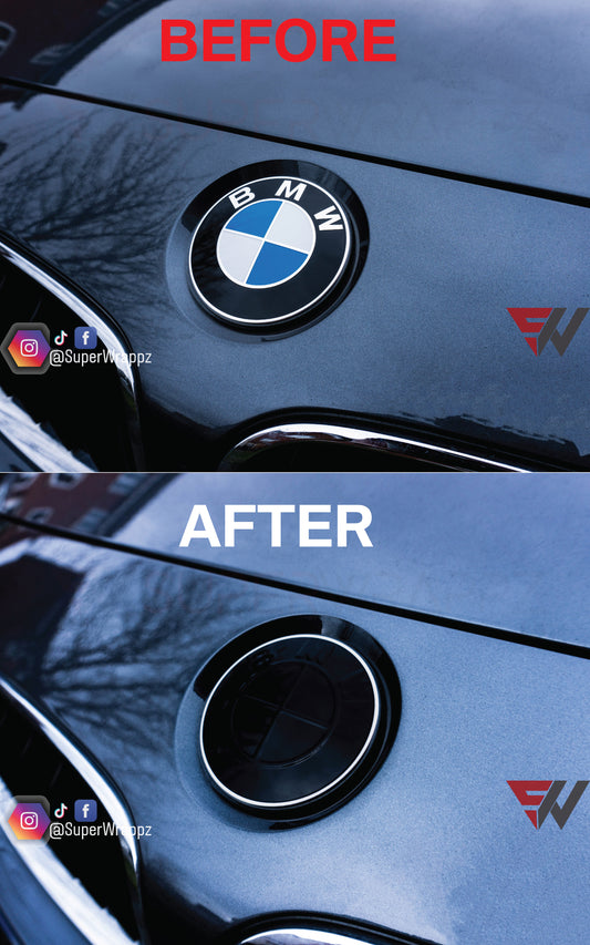 Black Gloss BMW Badge Tint Overlay — 9-Piece | V1 Compatible | E/F Series | SuperWrappz