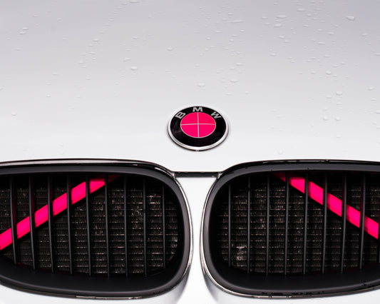 Pink reflective V-brace and crash-bar vinyl overlay for BMW by SuperWrappz, aftermarket