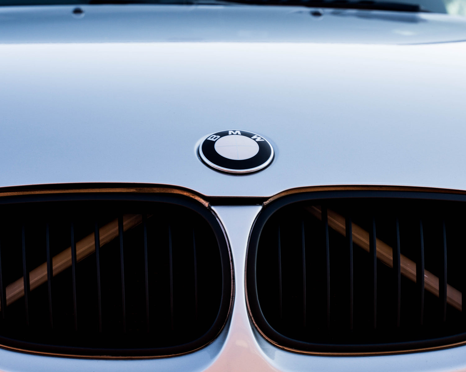 Close-up of a BMW front grille with the white reflective V-brace installed