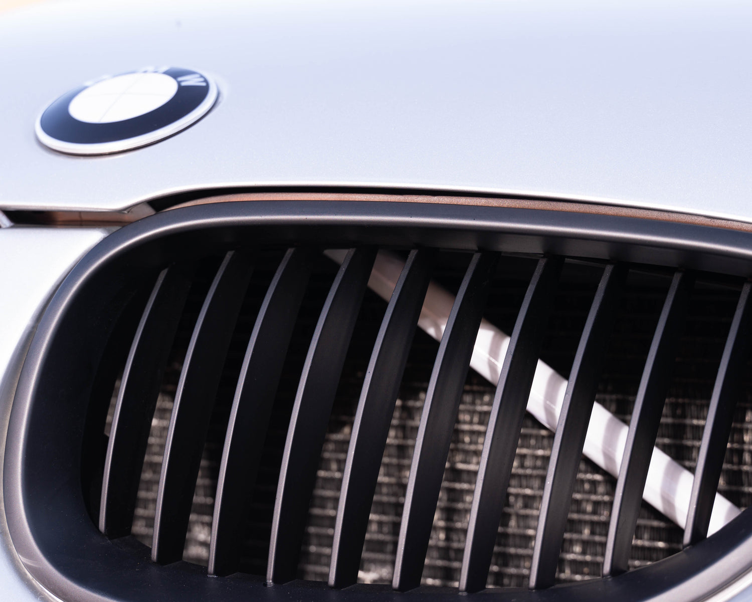 Close-up of a BMW front grille with the white reflective V-brace installed