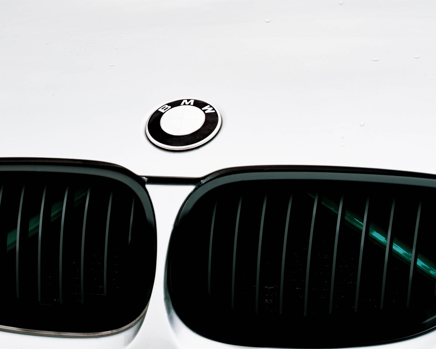 Close-up of a BMW front grille with the green reflective V-brace installed