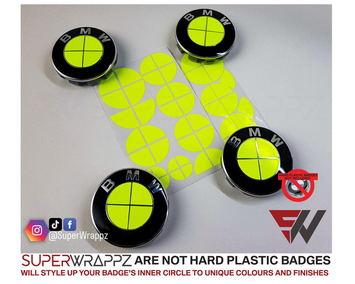 Full Green Fluorescent BMW badge overlay, complete badge set laid out on a plain background