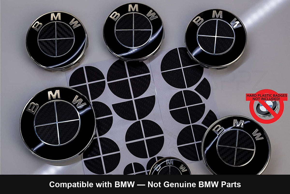 Full Black Carbon BMW badge overlay by SuperWrappz on E/F Series emblems, aftermarket cast-vinyl set