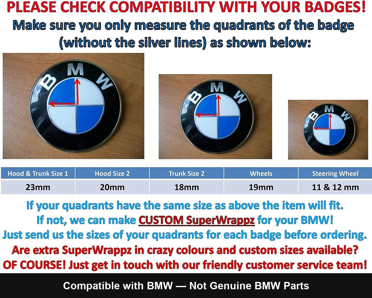 Black & White Carbon BMW badge overlay: quadrant-size compatibility chart for hood, trunk, wheel and steering wheel badges (mm)