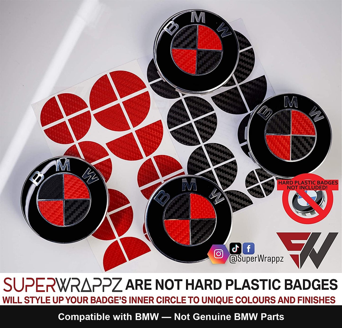 Black & Red Carbon motorcycle badge overlay, complete badge set laid out flat