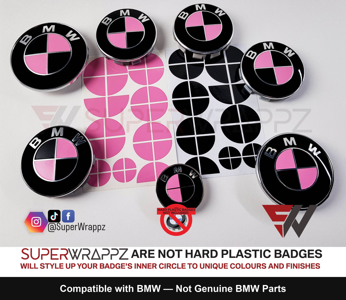 Pink & Black Gloss BMW badge overlay, complete badge set laid out on a plain background