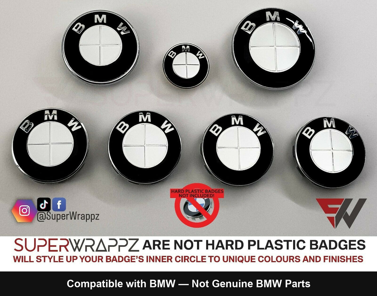 Chrome Silver Mirror BMW badge overlay by SuperWrappz on E/F Series emblems, aftermarket cast-vinyl set