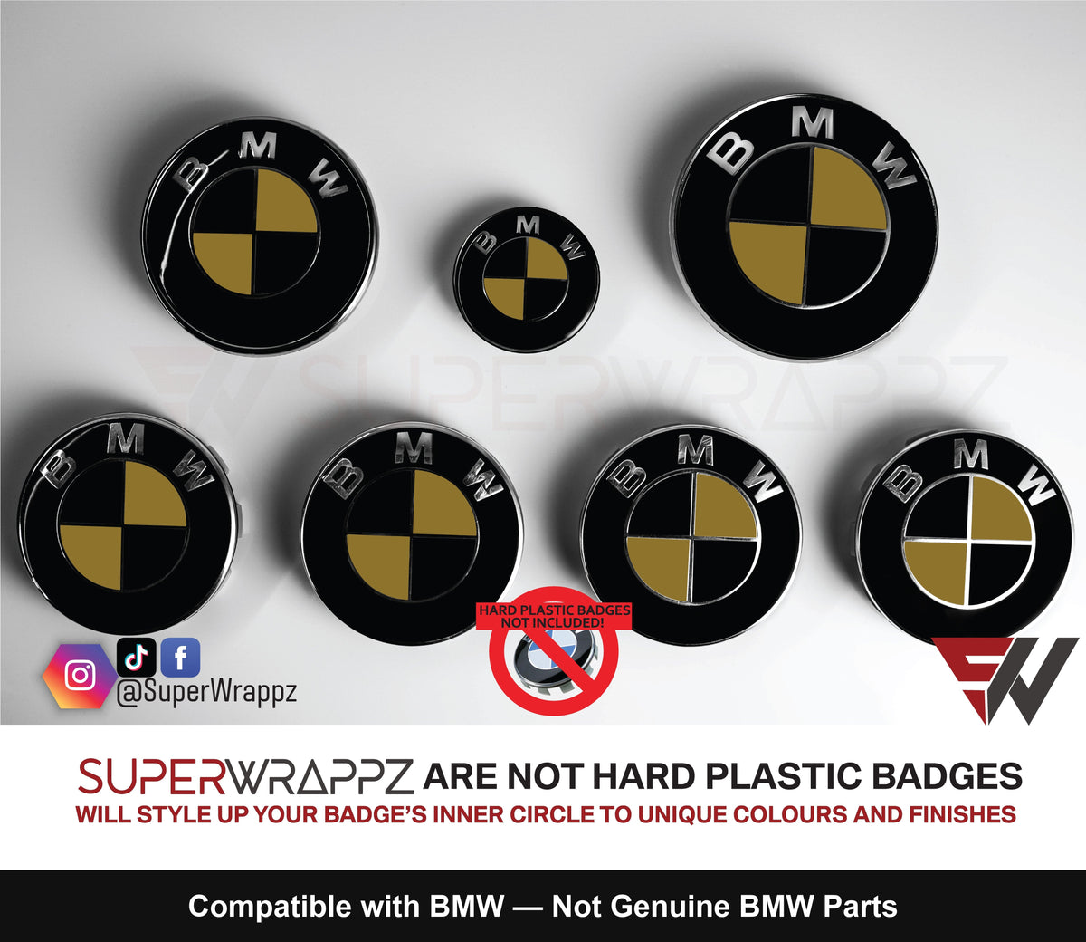 Black and Gold Gloss BMW badge overlay by SuperWrappz on E/F Series emblems, aftermarket cast-vinyl set