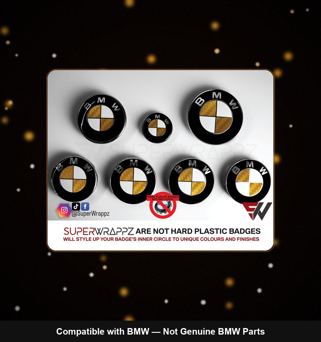 Half gold carbon BMW badge overlay — SuperWrappz hero