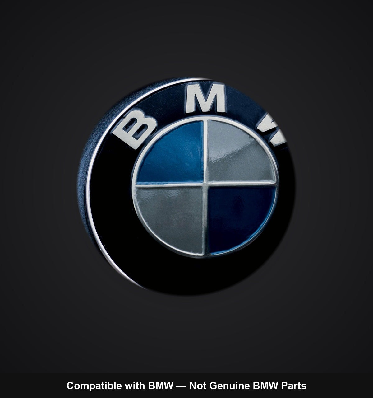 Light Smoke BMW badge tint, 2-piece, fitted — SuperWrappz hero. Compatible with BMW — Not Genuine BMW Parts.