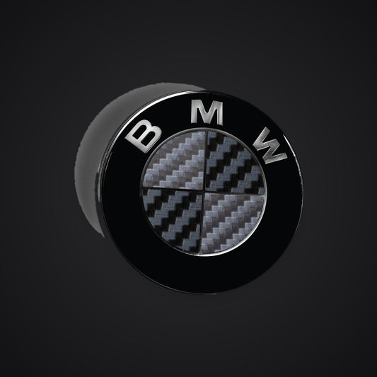 Black & Anthracite Carbon BMW badge overlay — SuperWrappz hero. Compatible with BMW — Not Genuine BMW Parts.