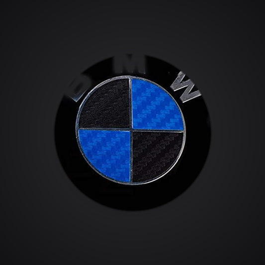 Black Blue Carbon BMW badge overlay — SuperWrappz hero. Compatible with BMW — Not Genuine BMW Parts.