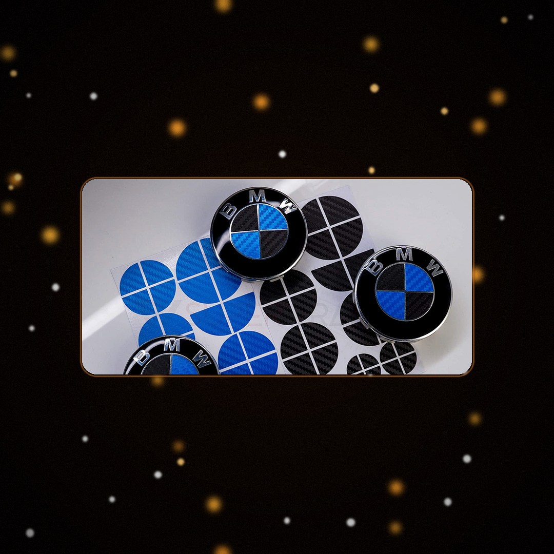 Black Blue Carbon BMW badge overlay — SuperWrappz hero