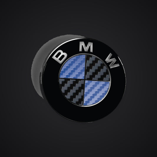 Black Dark Blue Carbon BMW badge overlay — SuperWrappz hero. Compatible with BMW — Not Genuine BMW Parts.