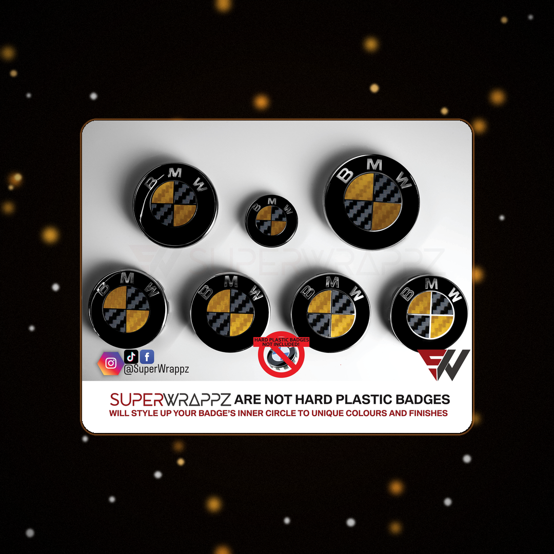 Black Gold Carbon BMW badge overlay — SuperWrappz hero