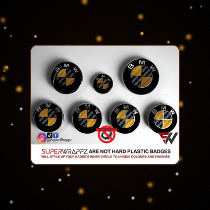 Black Gold Carbon BMW badge overlay — SuperWrappz hero