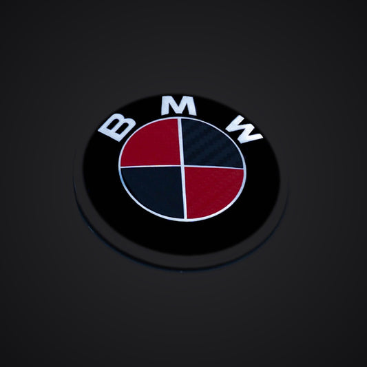 Black Red Carbon BMW badge overlay — SuperWrappz hero. Compatible with BMW — Not Genuine BMW Parts.