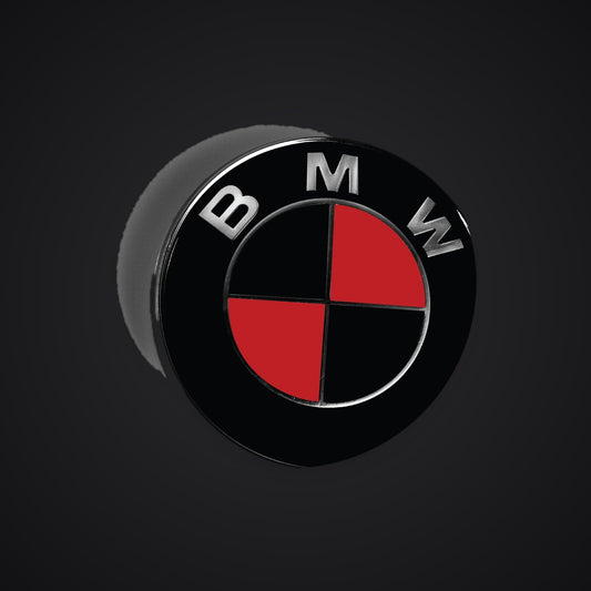 Black red gloss BMW badge overlay — SuperWrappz hero. Compatible with BMW — Not Genuine BMW Parts.