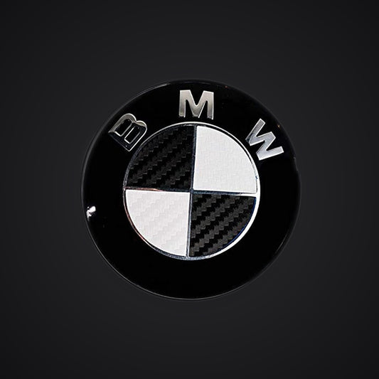 Black White Carbon BMW badge overlay — SuperWrappz hero. Compatible with BMW — Not Genuine BMW Parts.