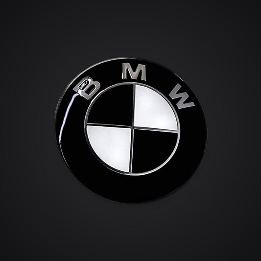 Black White Gloss BMW badge overlay — SuperWrappz hero. Compatible with BMW — Not Genuine BMW Parts.